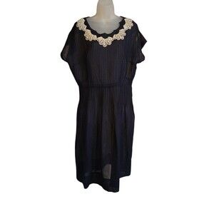 A Lady Petite Fashions Dress Navy Blue Embroidered Neckline Vintage 1950s Sheer